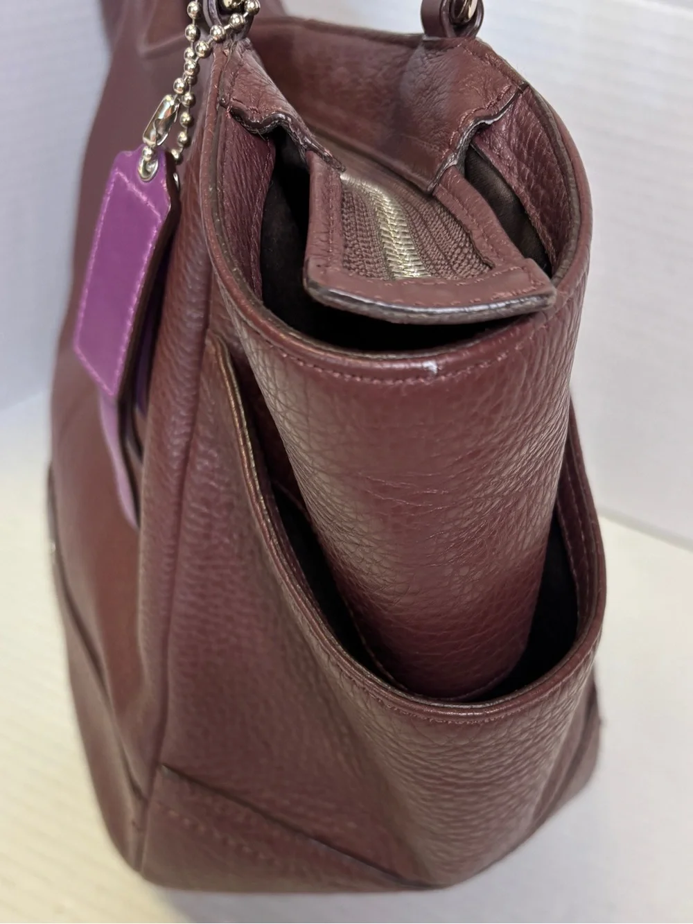 Coach Park Carrie Pebbled Leather Tote F23284 Brown Burgundy Hobo Bag